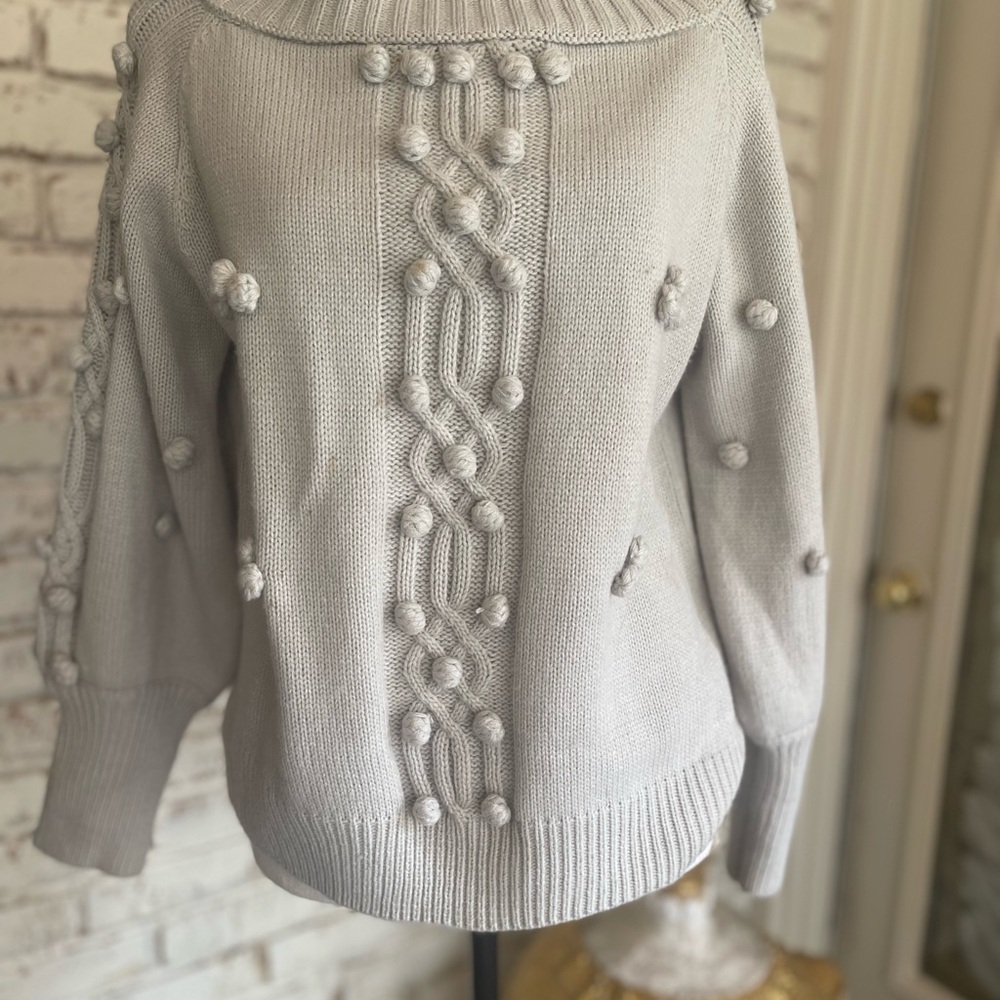 Gray Cowl Neck Sweater with Cable Knit and Pom-Poms